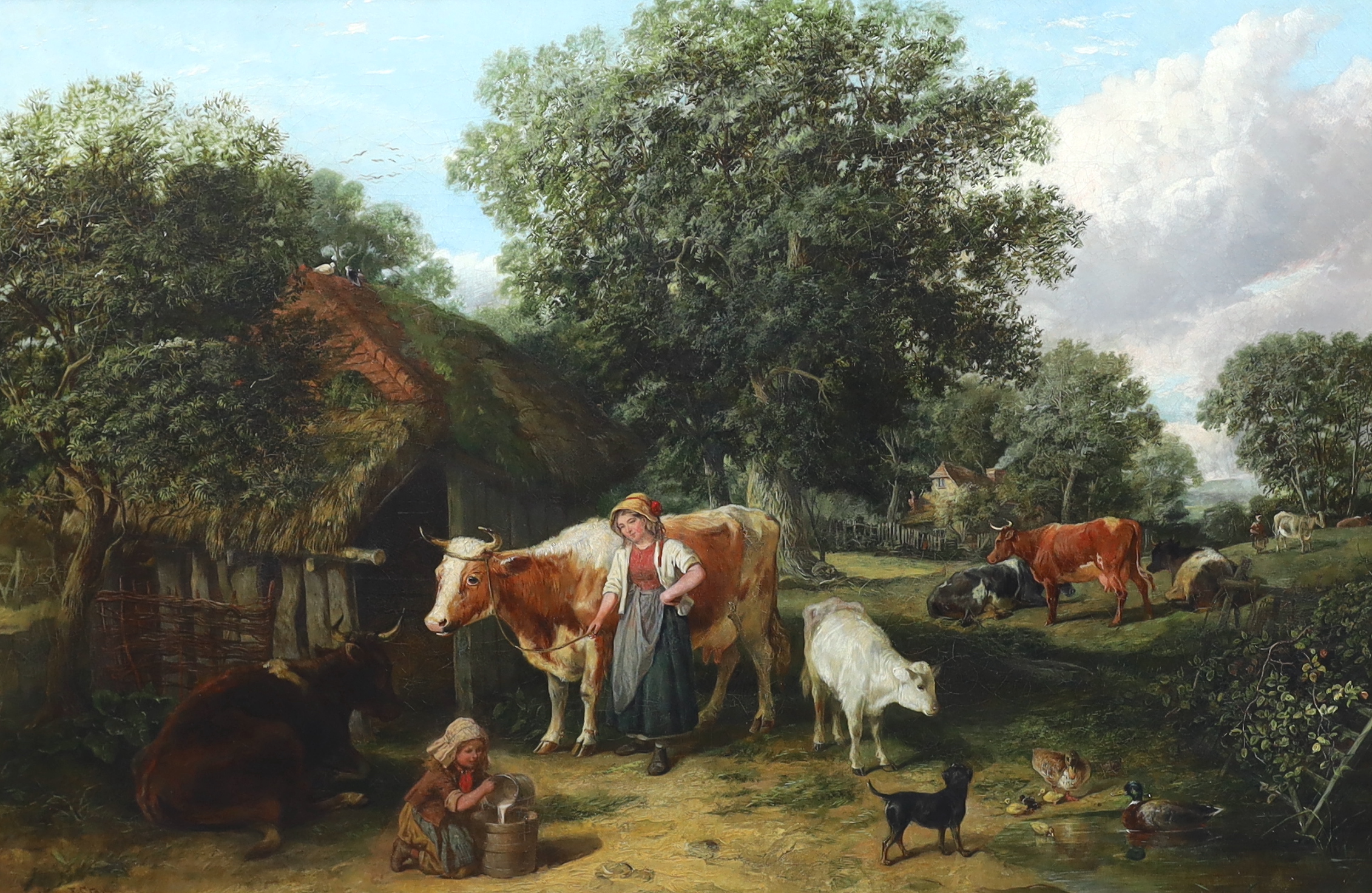 Arthur James Stark (English, 1831-1902), Farm scene with figures and oxen, oil on canvas, 59 x 90cm